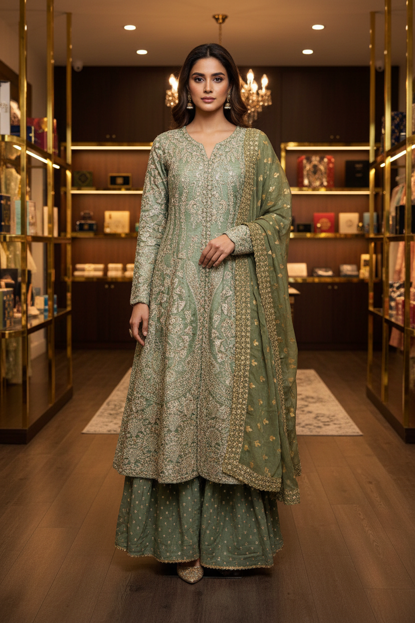 HuR Green Field Lava Silk Embroidered Sharara Suit
