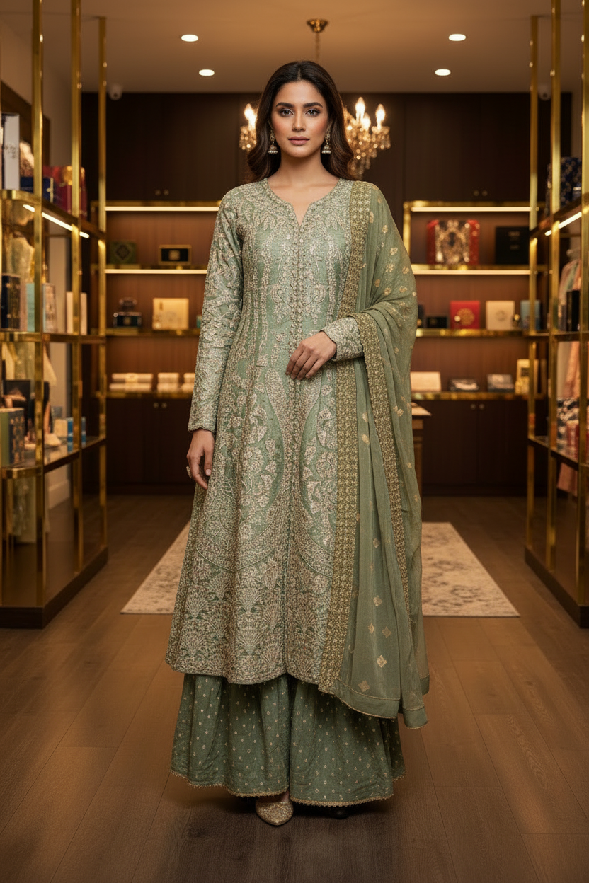 HuR Green Field Lava Silk Embroidered Sharara Suit