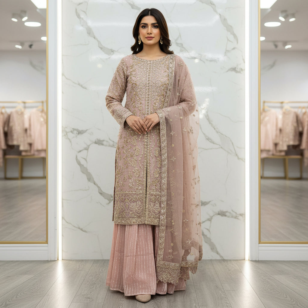HuR The Pink Legacy: Antique Gold Hand Embellished Front Open Chiffon Kameez with Silk Sharara