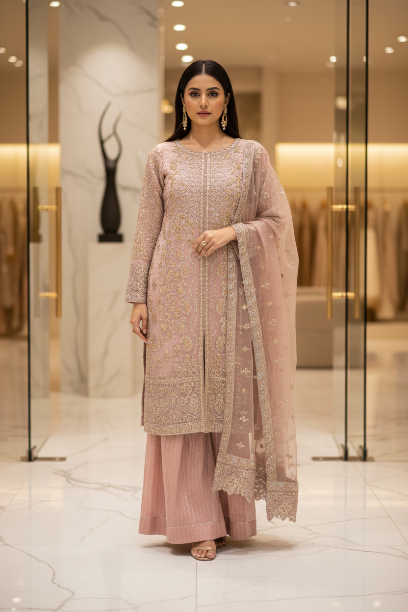 HuR The Pink Legacy: Antique Gold Hand Embellished Front Open Chiffon Kameez with Silk Sharara