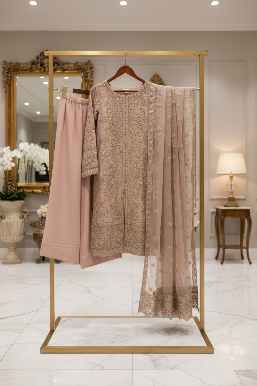 HuR The Pink Legacy: Antique Gold Hand Embellished Front Open Chiffon Kameez with Silk Sharara