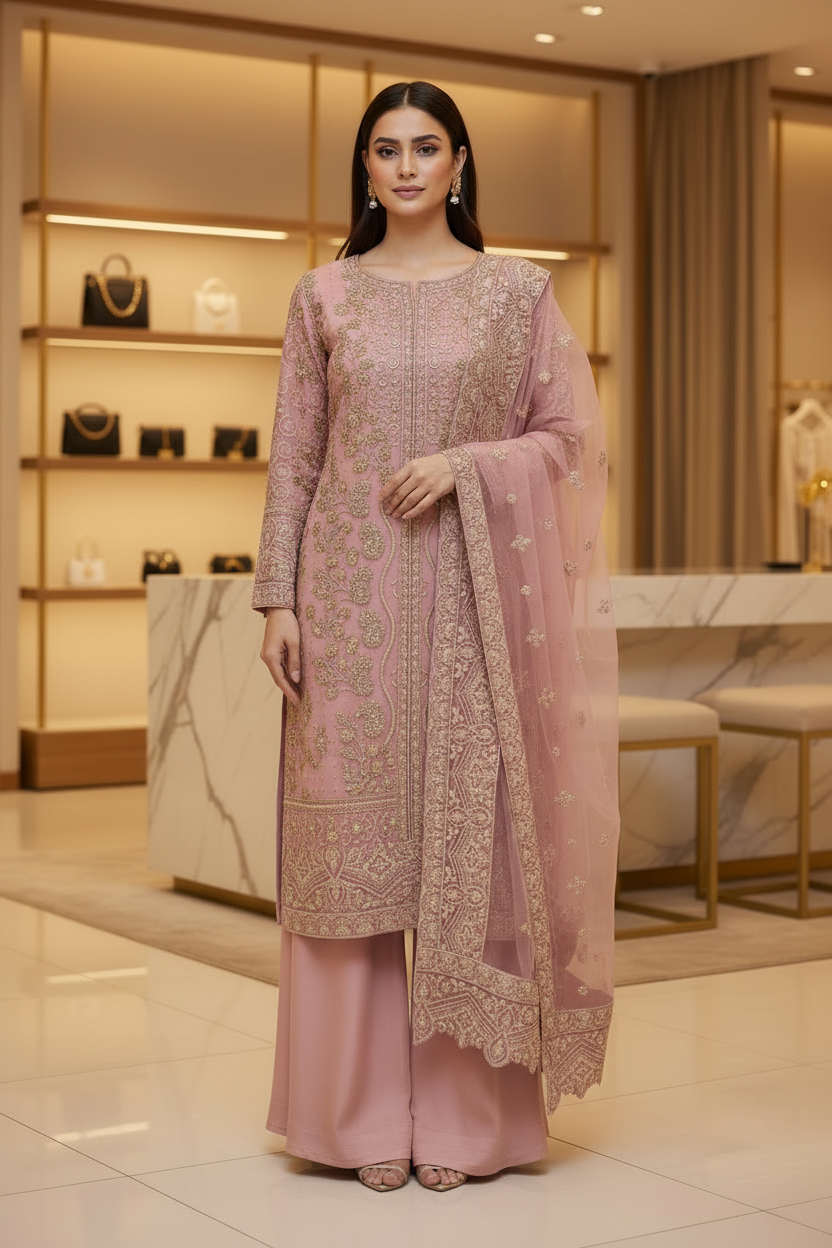 HuR The Pink Legacy: Antique Gold Hand Embellished Front Open Chiffon Kameez with Silk Sharara