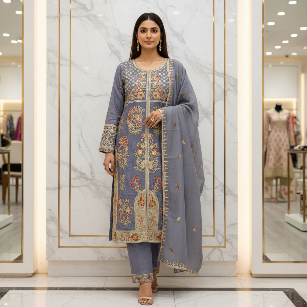 ETHN Luxury Linen Viscose Front Open Suit Colour Trio– Metallic Gray, Pine Green ,Vivid Sky Blue Embroidered Suit for Festive Eid Wear