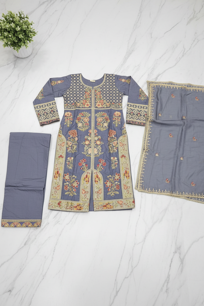 ETHN Luxury Linen Viscose Front Open Suit Colour Trio– Metallic Gray, Pine Green ,Vivid Sky Blue Embroidered Suit for Festive Eid Wear