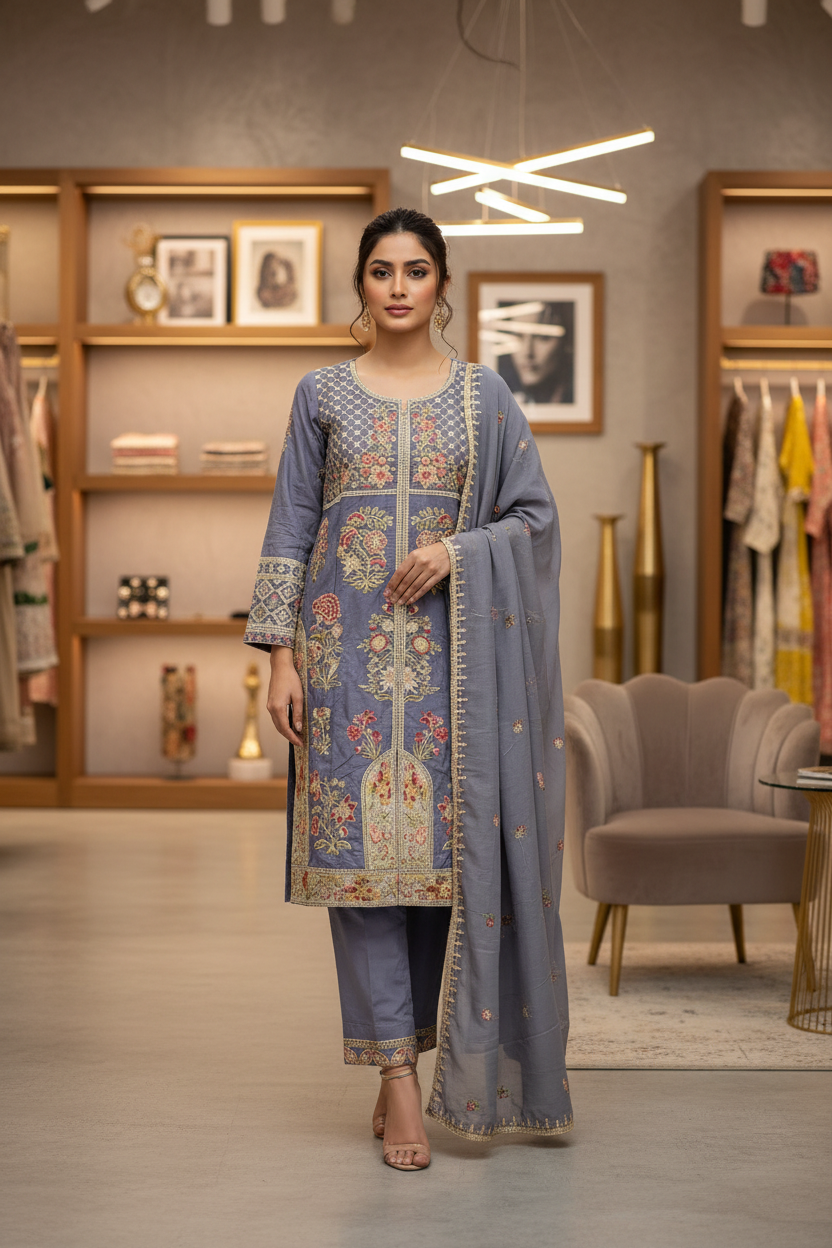 ETHN Luxury Linen Viscose Front Open Suit Colour Trio– Metallic Gray, Pine Green ,Vivid Sky Blue Embroidered Suit for Festive Eid Wear