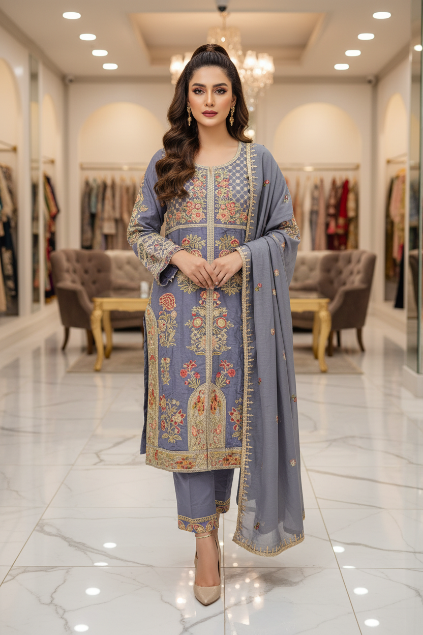 ETHN Luxury Linen Viscose Front Open Suit Colour Trio– Metallic Gray, Pine Green ,Vivid Sky Blue Embroidered Suit for Festive Eid Wear