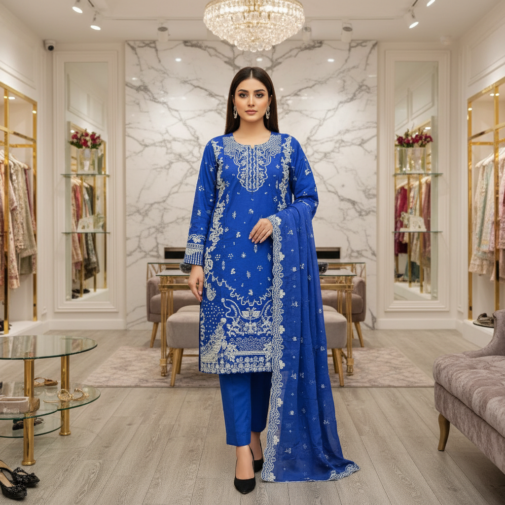 QMR Luxury Royal Blue Embroidered Shalwar Kameez Eid Wear