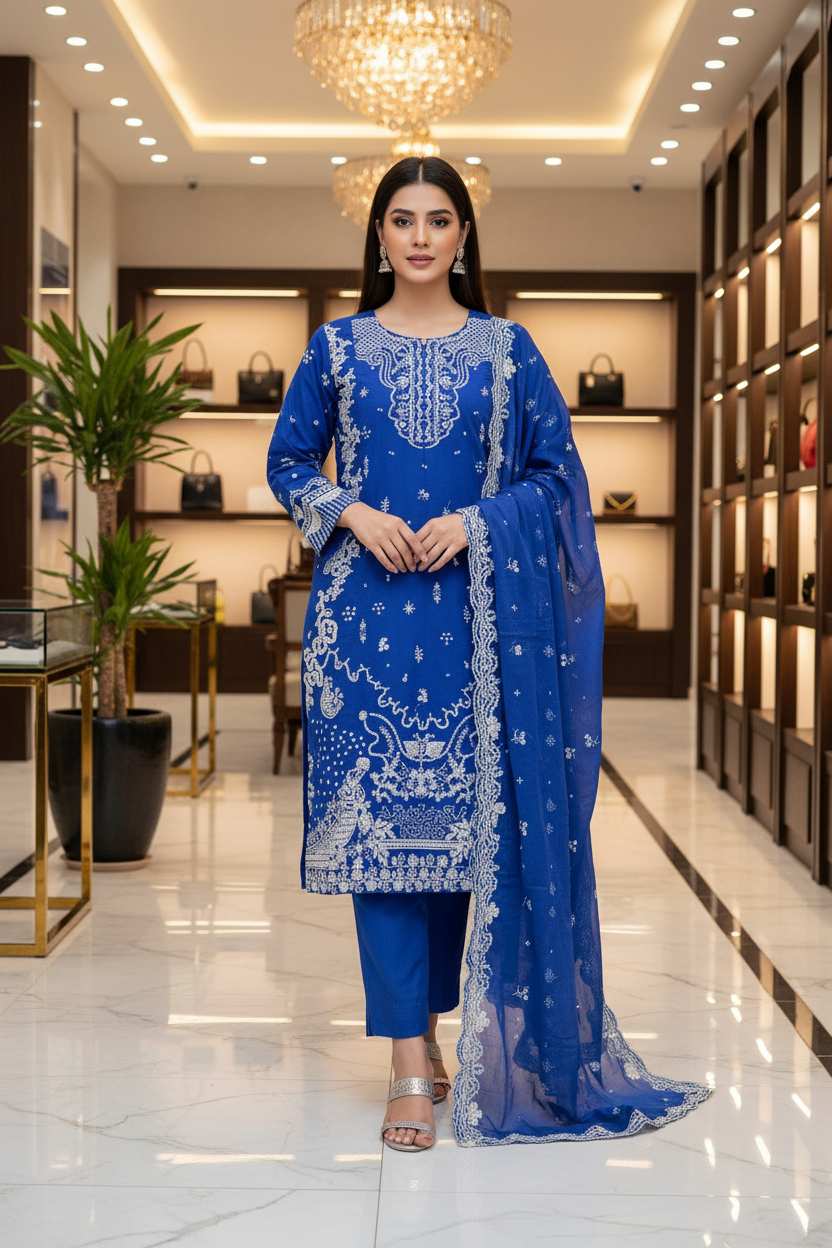 QMR Luxury Royal Blue Embroidered Shalwar Kameez Eid Wear