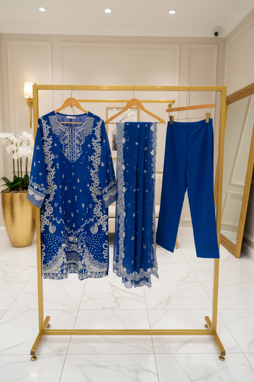 QMR Luxury Royal Blue Embroidered Shalwar Kameez Eid Wear