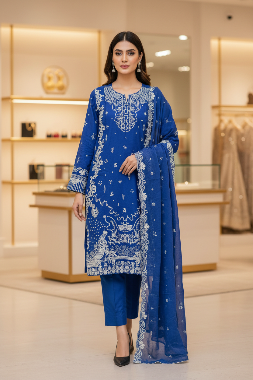 QMR Luxury Royal Blue Embroidered Shalwar Kameez Eid Wear