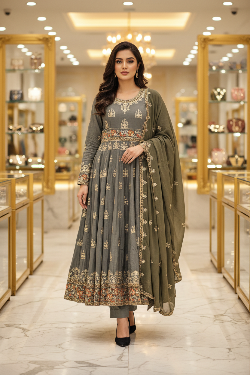 ETHN The Colour Quartet: Olive Green, Bubblegum Pink, Purple and Navy Blue Embroidered Linen Dress