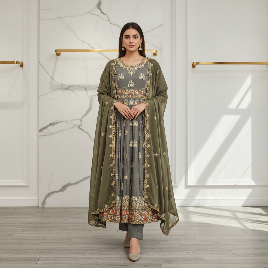 ETHN The Colour Quartet: Olive Green, Bubblegum Pink, Purple and Navy Blue Embroidered Linen Dress