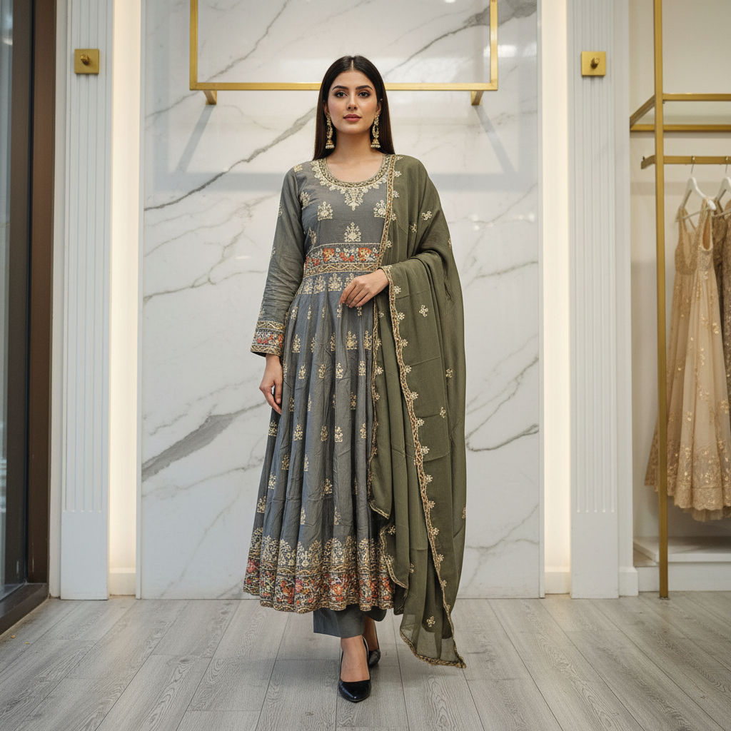 ETHN The Colour Quartet: Olive Green, Bubblegum Pink, Purple and Navy Blue Embroidered Linen Dress