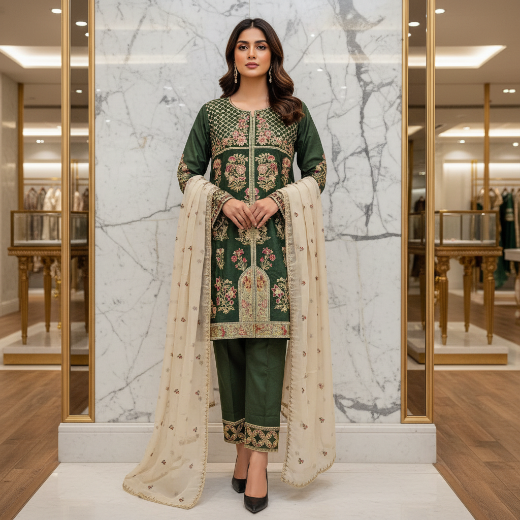 ETHN Luxury Linen Viscose Front Open Suit Colour Trio– Metallic Gray, Pine Green ,Vivid Sky Blue Embroidered Suit for Festive Eid Wear