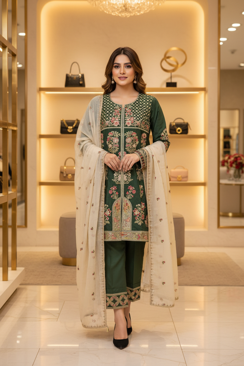 ETHN Luxury Linen Viscose Front Open Suit Colour Trio– Metallic Gray, Pine Green ,Vivid Sky Blue Embroidered Suit for Festive Eid Wear