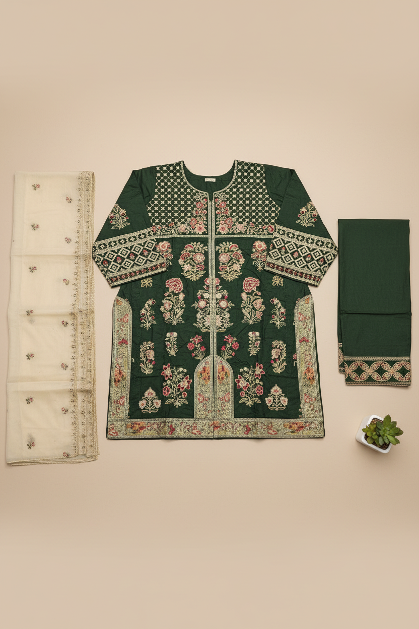 ETHN Luxury Linen Viscose Front Open Suit Colour Trio– Metallic Gray, Pine Green ,Vivid Sky Blue Embroidered Suit for Festive Eid Wear