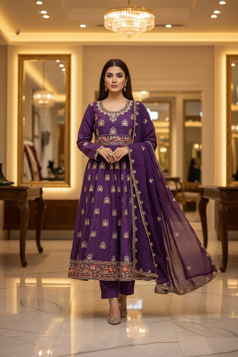 ETHN The Colour Quartet: Olive Green, Bubblegum Pink, Purple and Navy Blue Embroidered Linen Dress