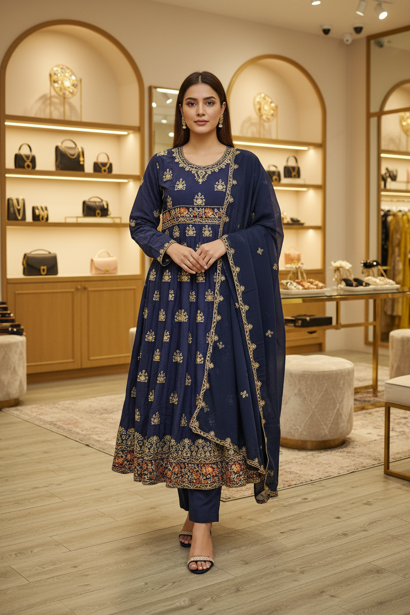 ETHN The Colour Quartet: Olive Green, Bubblegum Pink, Purple and Navy Blue Embroidered Linen Dress