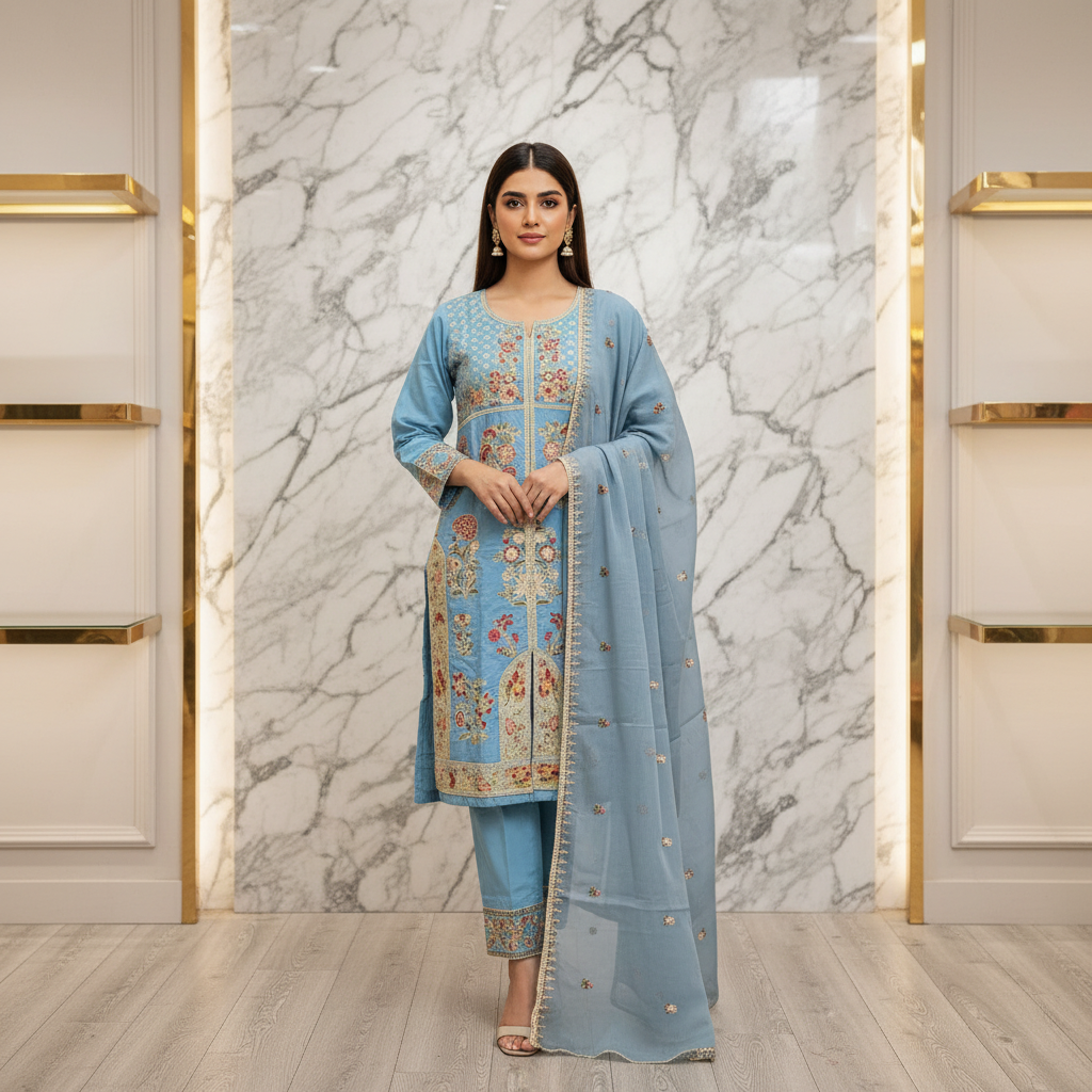 ETHN Luxury Linen Viscose Front Open Suit Colour Trio– Metallic Gray, Pine Green ,Vivid Sky Blue Embroidered Suit for Festive Eid Wear