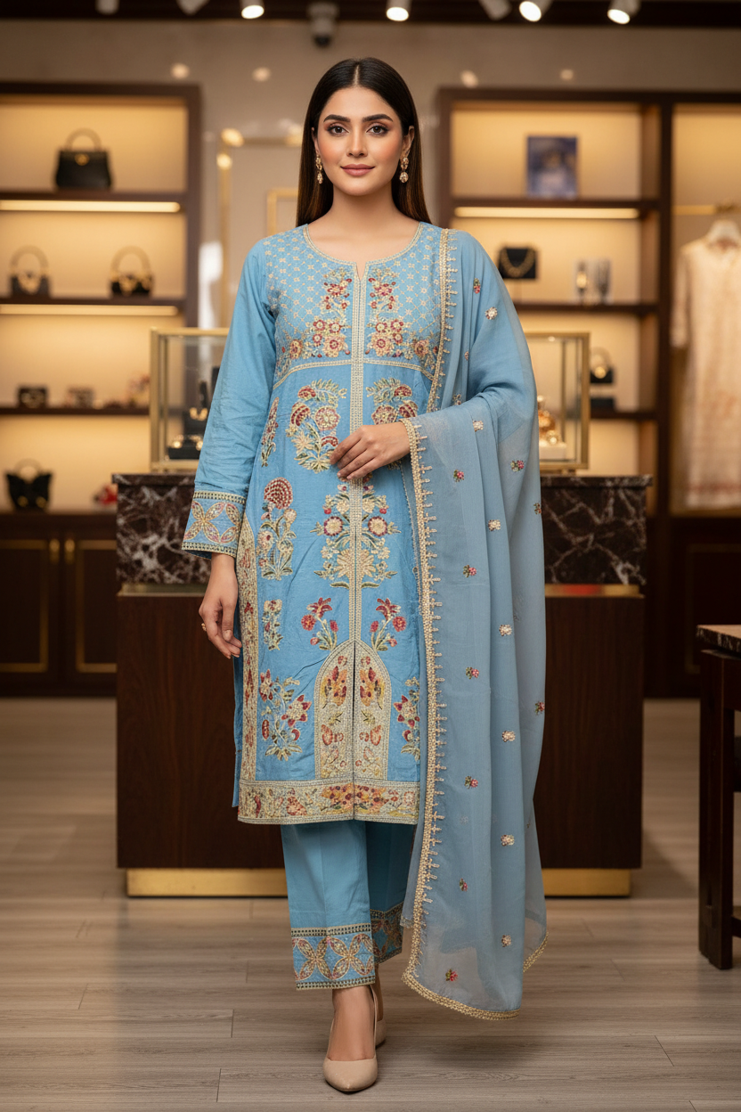 ETHN Luxury Linen Viscose Front Open Suit Colour Trio– Metallic Gray, Pine Green ,Vivid Sky Blue Embroidered Suit for Festive Eid Wear