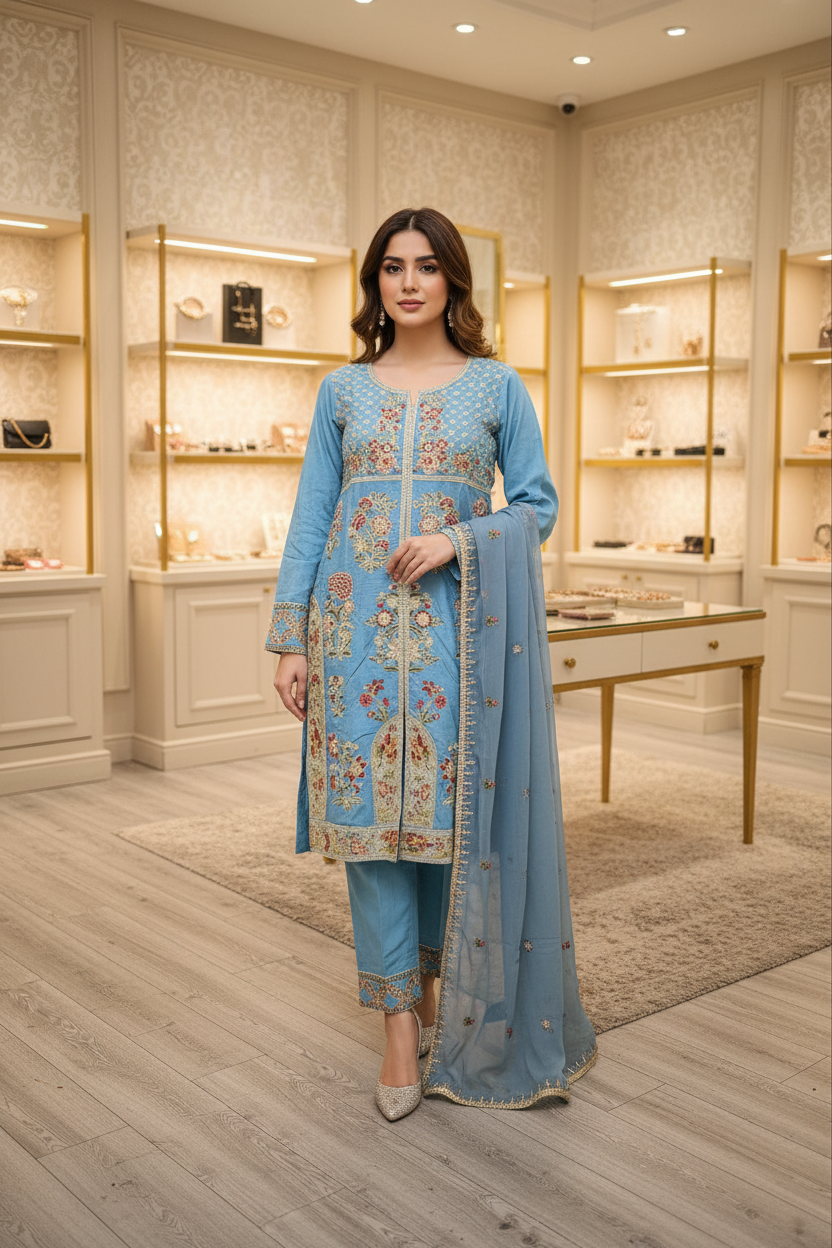 ETHN Luxury Linen Viscose Front Open Suit Colour Trio– Metallic Gray, Pine Green ,Vivid Sky Blue Embroidered Suit for Festive Eid Wear