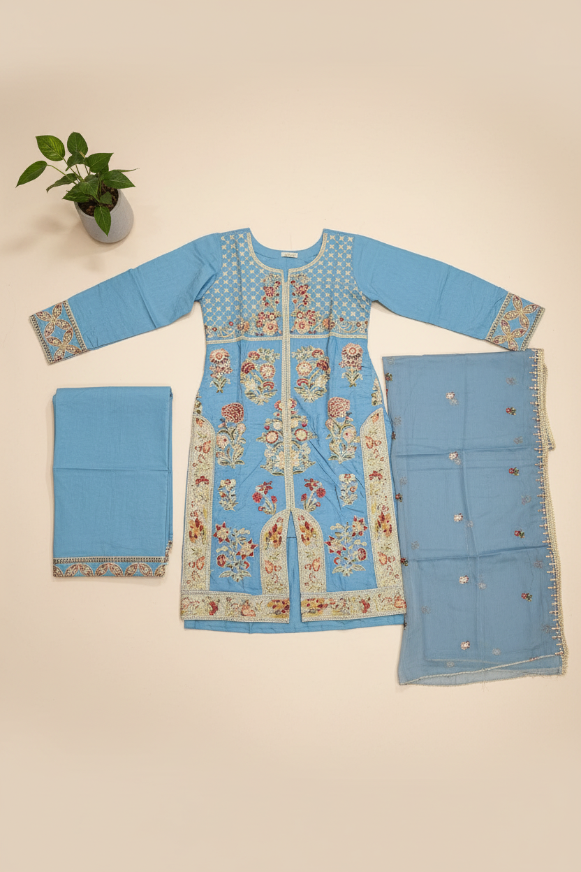 ETHN Luxury Linen Viscose Front Open Suit Colour Trio– Metallic Gray, Pine Green ,Vivid Sky Blue Embroidered Suit for Festive Eid Wear
