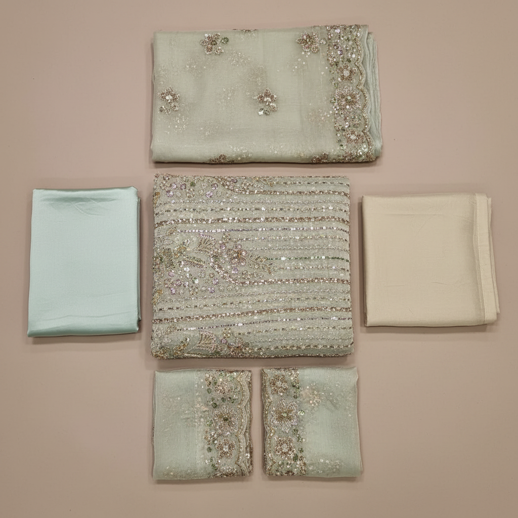 Heavy Embroidered Unstitched Net Suit for Women | Zari, Sequins, Pearl and Stone Work| 6 Colour Options