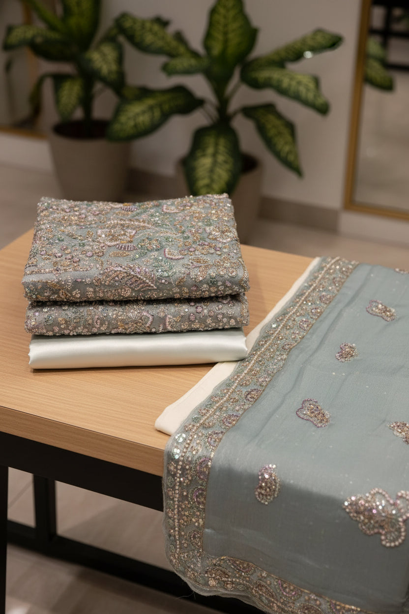 Heavy Embroidered Unstitched Net Suit for Women | Zari, Sequins, Pearl and Stone Work| 6 Colour Options