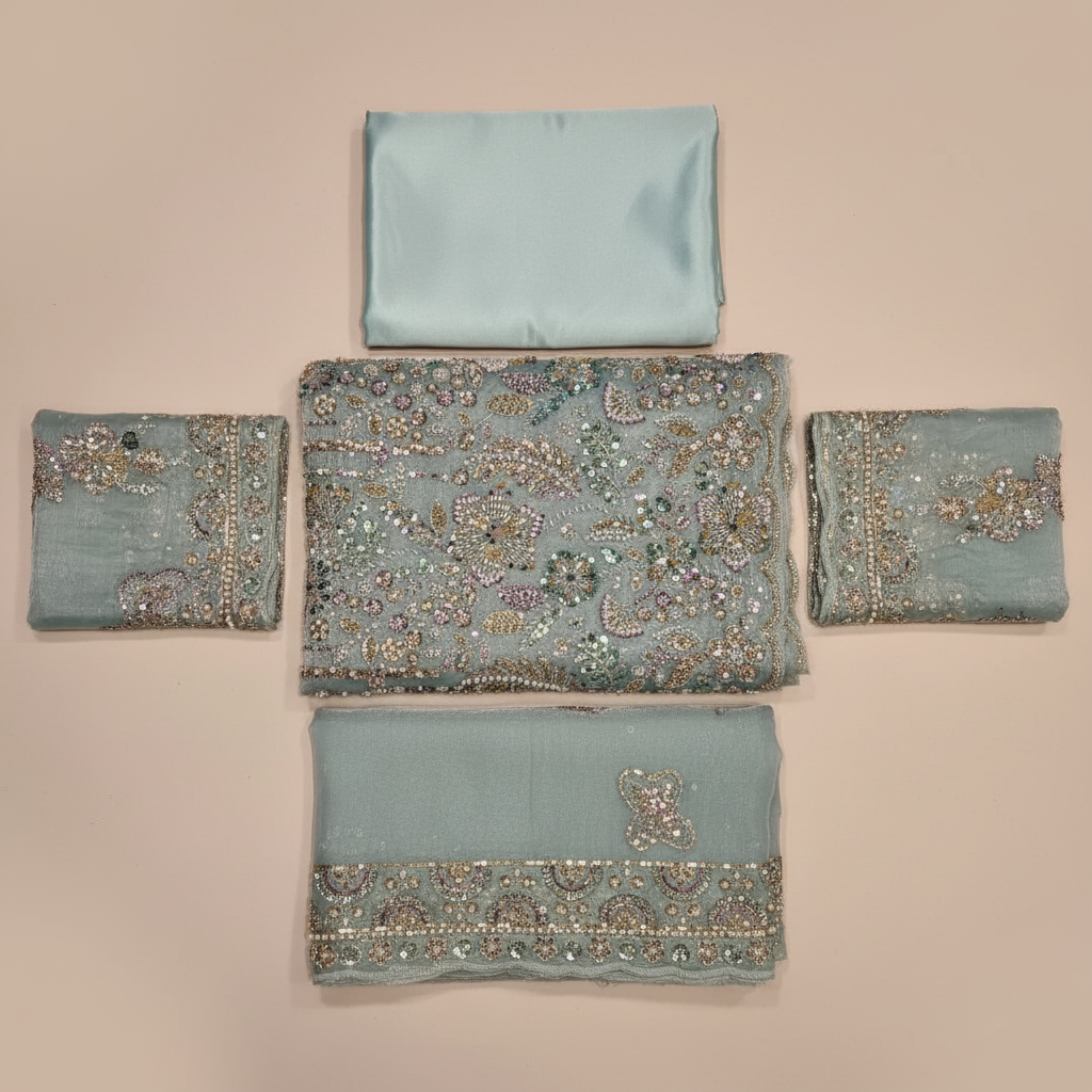 Heavy Embroidered Unstitched Net Suit for Women | Zari, Sequins, Pearl and Stone Work| 6 Colour Options