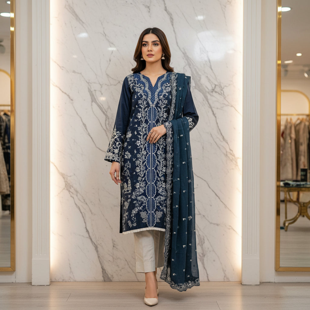 QMR Prussian Blue Masterpiece: Luxury Laser Cut Embroidered Shalwar Kameez