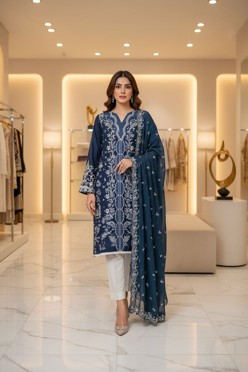 QMR Prussian Blue Masterpiece: Luxury Laser Cut Embroidered Shalwar Kameez