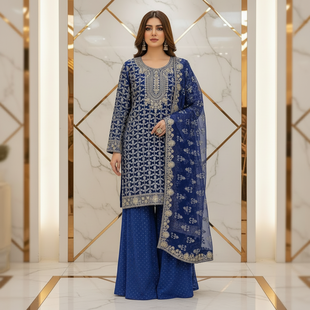 QMR Ocean Blue Midnight Blue Chiffon Embroidered Suit with Dupatta and Stone Work Palazzo Plus Size Womenswear Festive Eid Wear