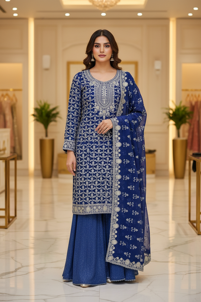 QMR Ocean Blue Midnight Blue Chiffon Embroidered Suit with Dupatta and Stone Work Palazzo Plus Size Womenswear Festive Eid Wear