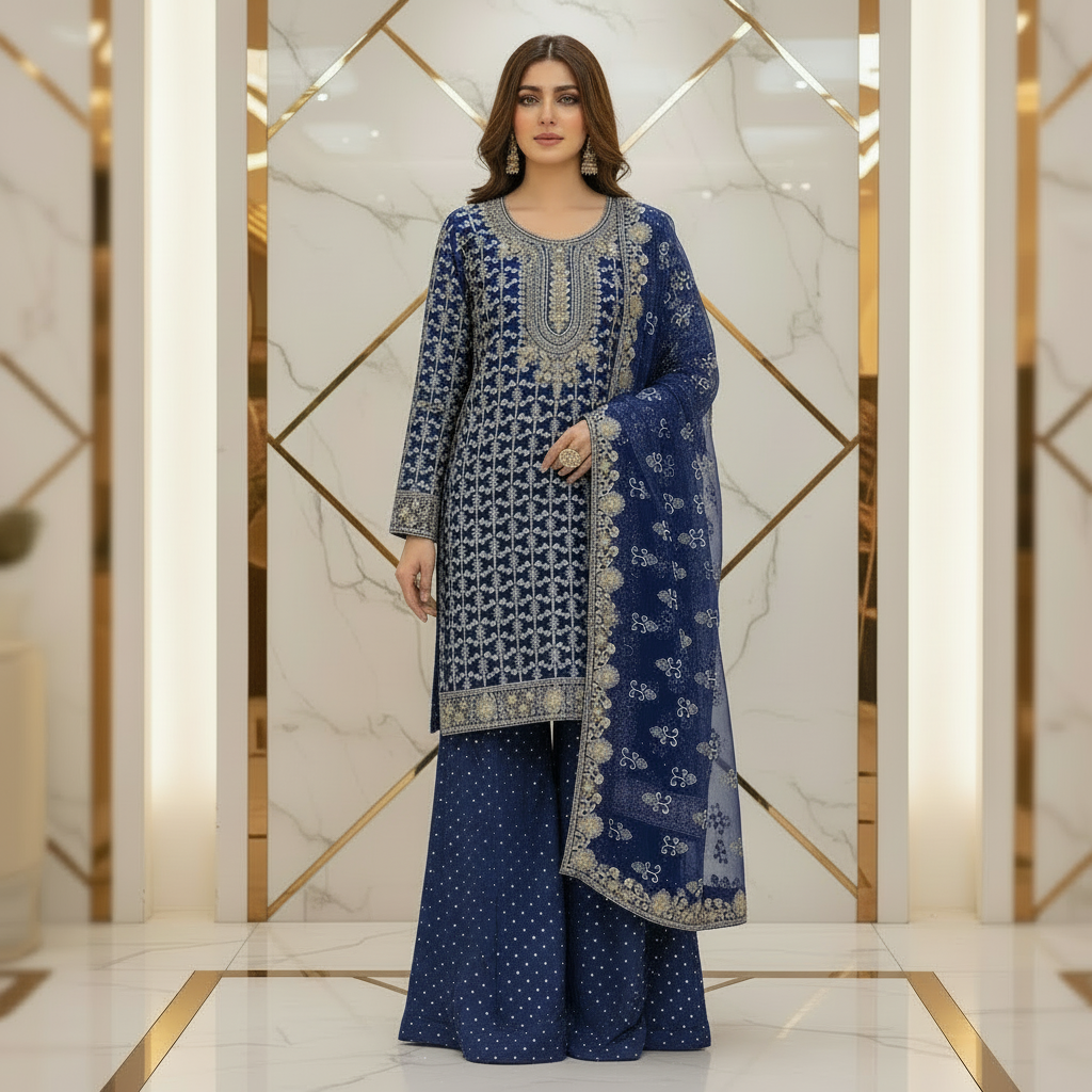 QMR Ocean Blue Midnight Blue Chiffon Embroidered Suit with Dupatta and Stone Work Palazzo Plus Size Womenswear Festive Eid Wear