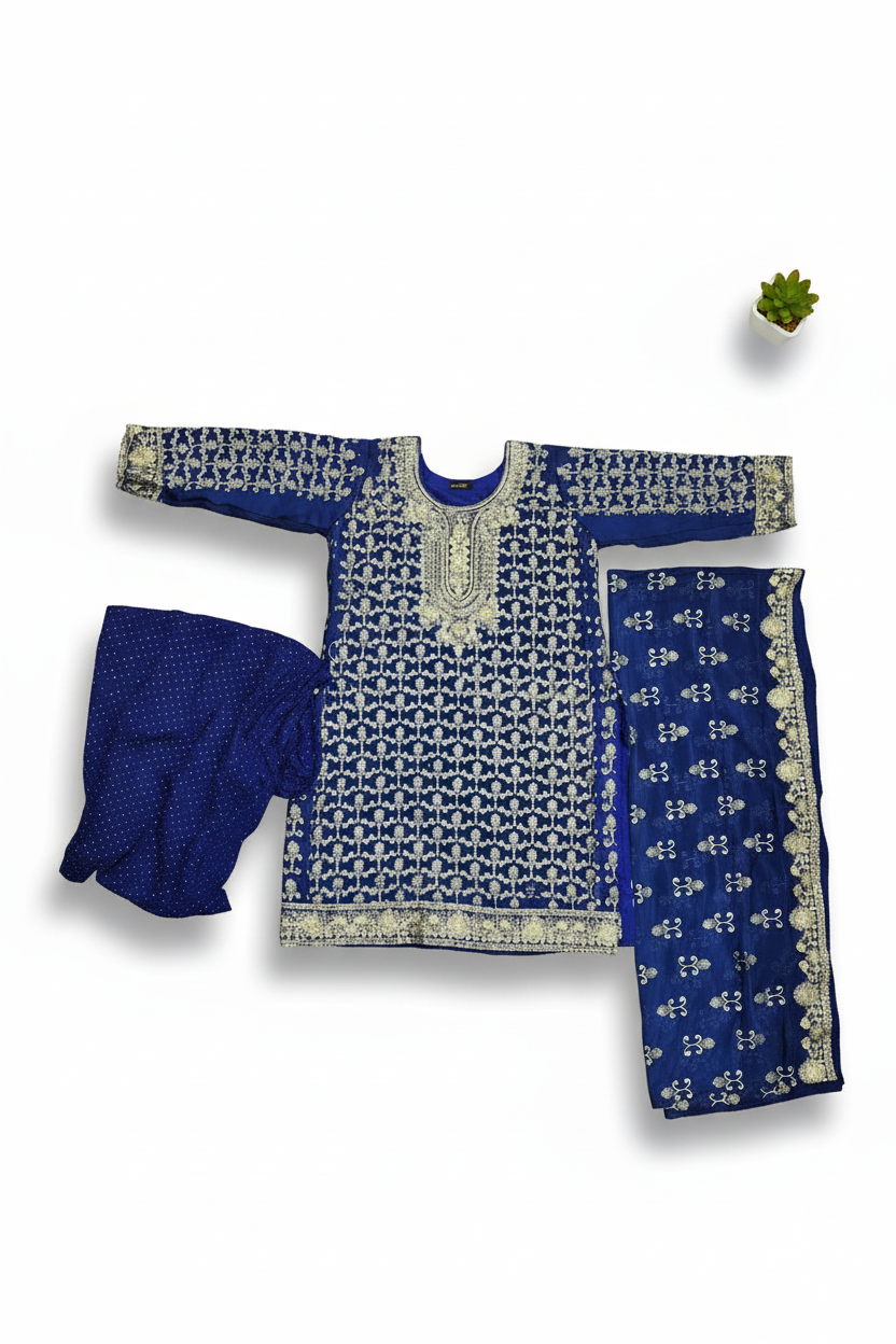 QMR Ocean Blue Midnight Blue Chiffon Embroidered Suit with Dupatta and Stone Work Palazzo Plus Size Womenswear Festive Eid Wear