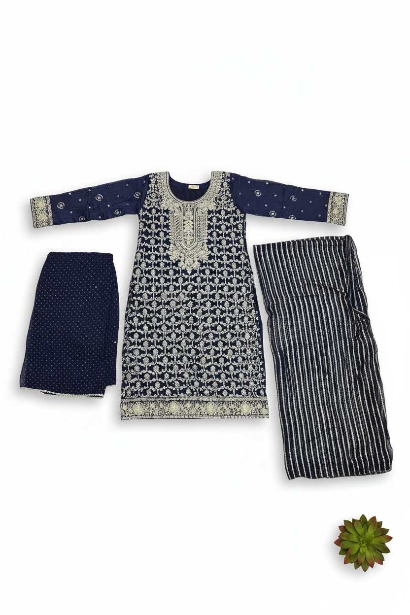 QMR Ocean Blue Midnight Blue Chiffon Embroidered Suit with Dupatta and Stone Work Palazzo Plus Size Womenswear Festive Eid Wear