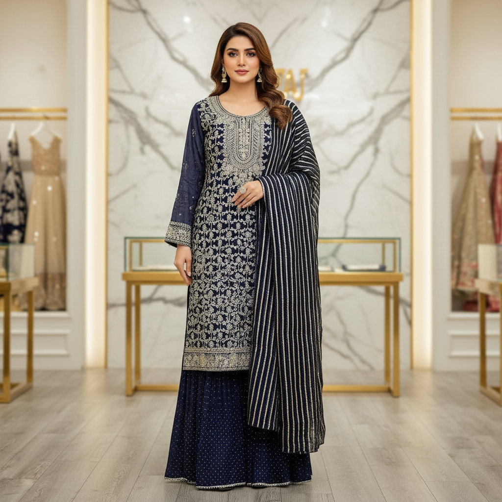 QMR Ocean Blue Midnight Blue Chiffon Embroidered Suit with Dupatta and Stone Work Palazzo Plus Size Womenswear Festive Eid Wear