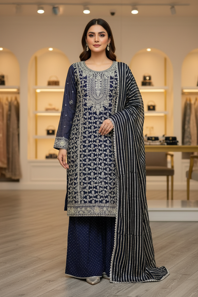 QMR Ocean Blue Midnight Blue Chiffon Embroidered Suit with Dupatta and Stone Work Palazzo Plus Size Womenswear Festive Eid Wear