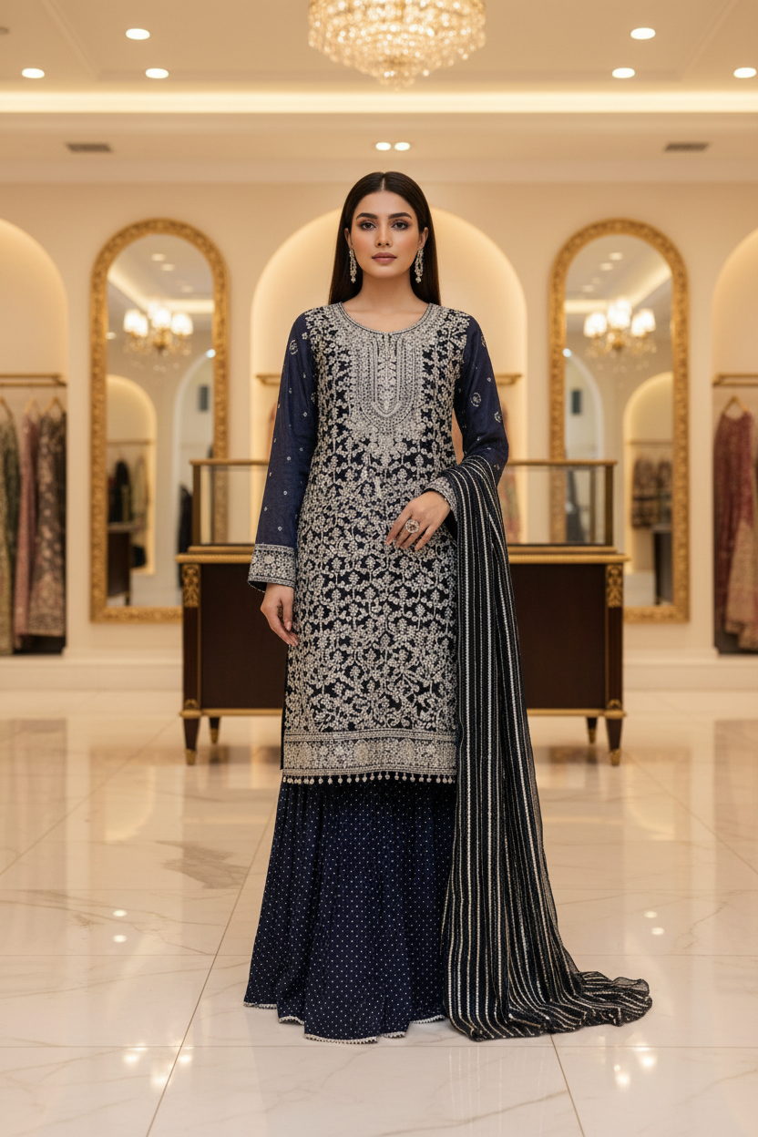 The Regal Stonework Ensemble: Heavy Zari & Stone Embroidered Shirt with Palazzo & Motif Dupatta – Deep Dusty Plum, Slate Grey, Mustard Yellow, Emerald Green, Dark Teal Blue & Lilac
