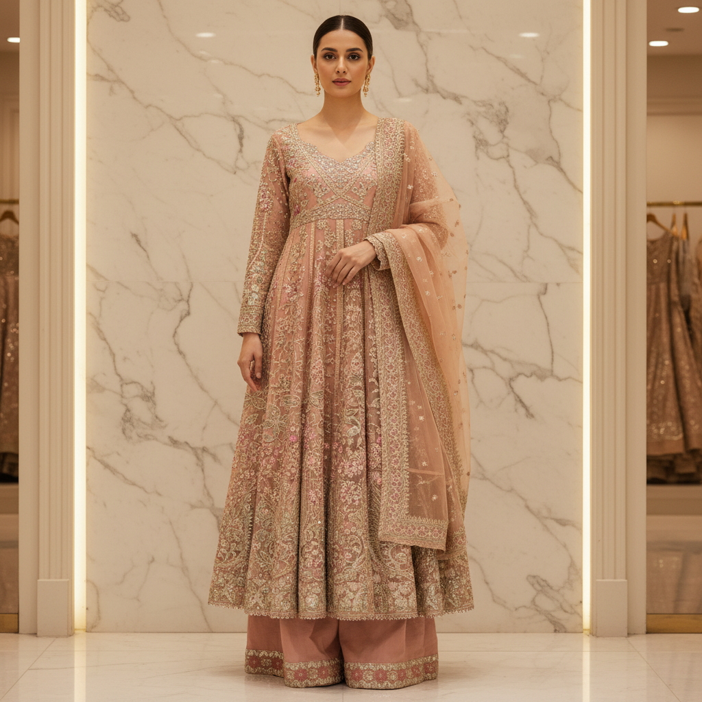 SRY Candy Peach Grace Embroidered Organza Maxi Dress Set Festive Eid Wear