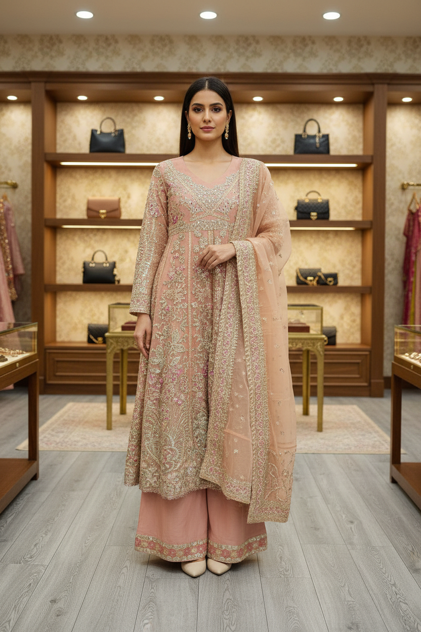 SRY Candy Peach Grace Embroidered Organza Maxi Dress Set Festive Eid Wear
