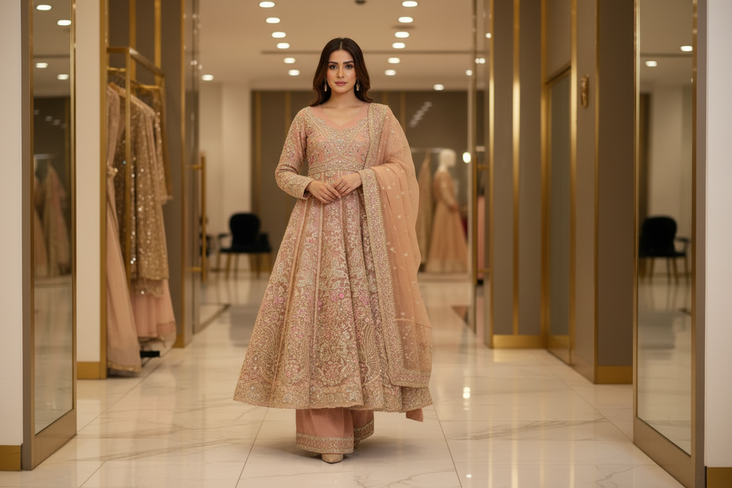 SRY Candy Peach Grace Embroidered Organza Maxi Dress Set Festive Eid Wear