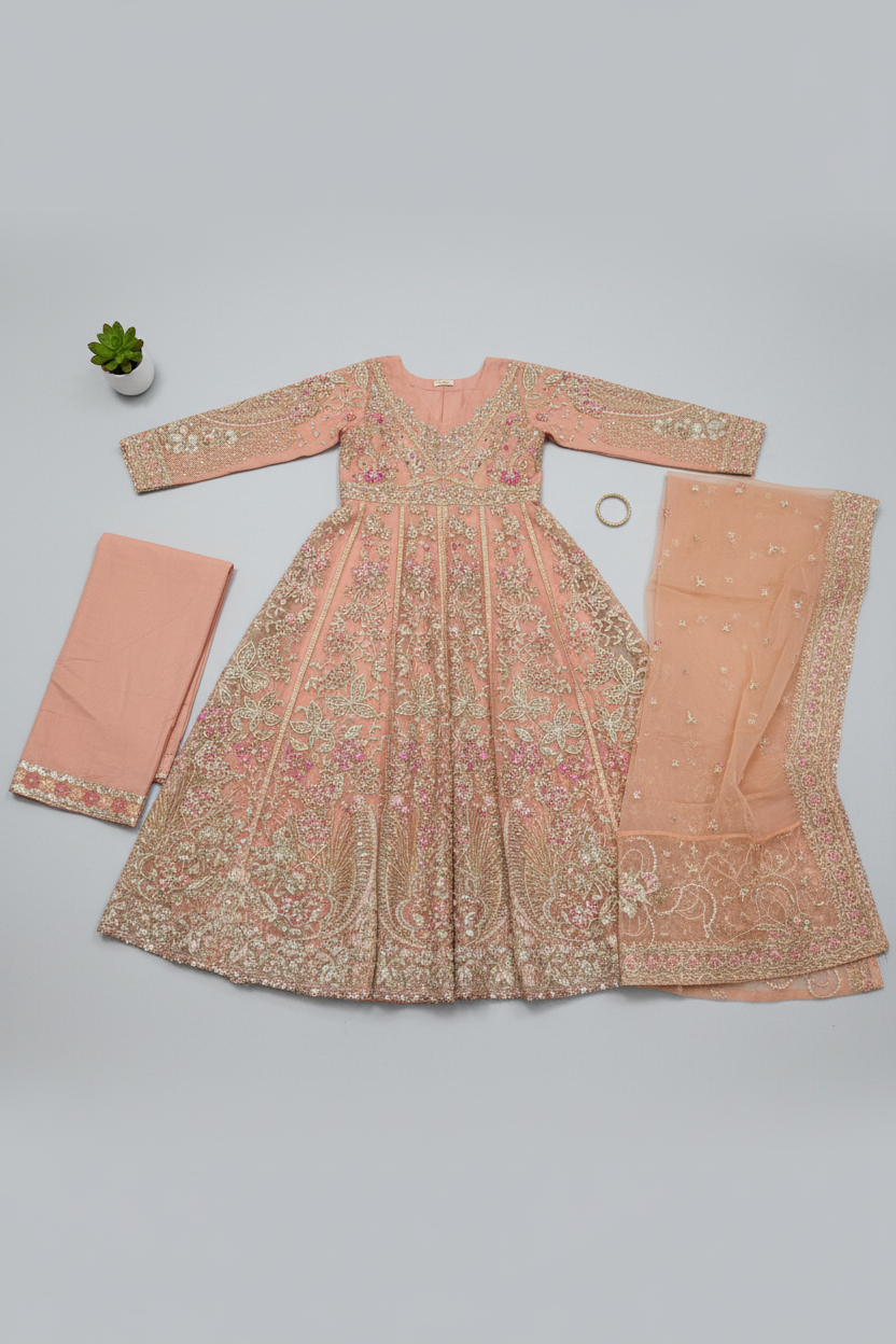 SRY Candy Peach Grace Embroidered Organza Maxi Dress Set Festive Eid Wear