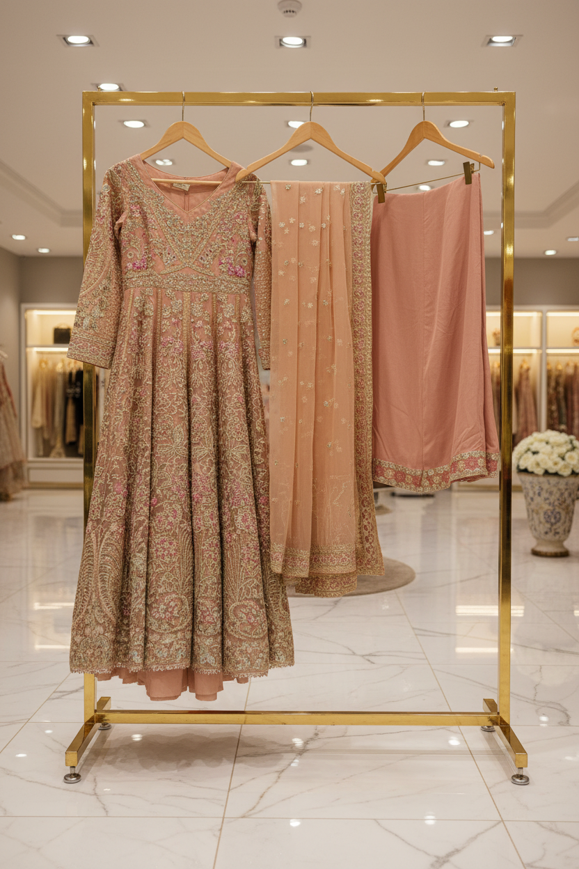 SRY Candy Peach Grace Embroidered Organza Maxi Dress Set Festive Eid Wear