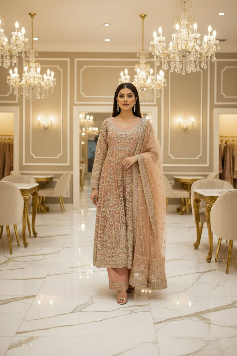 SRY Candy Peach Grace Embroidered Organza Maxi Dress Set Festive Eid Wear