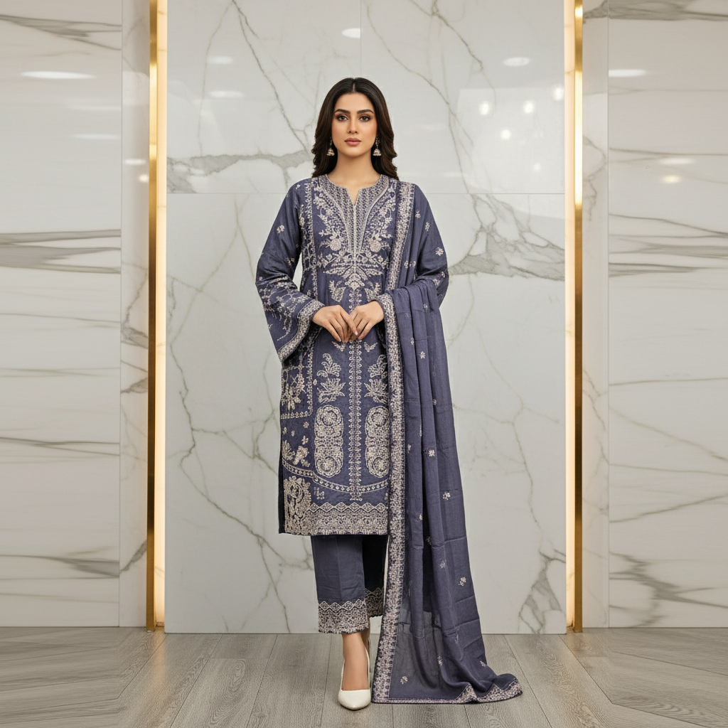 ETHN Three Shades of Elegance: Embroidered Luxury Ensemble with Hem Detail Trousers – Mint Green, Deep Mauve & Spanish Violet