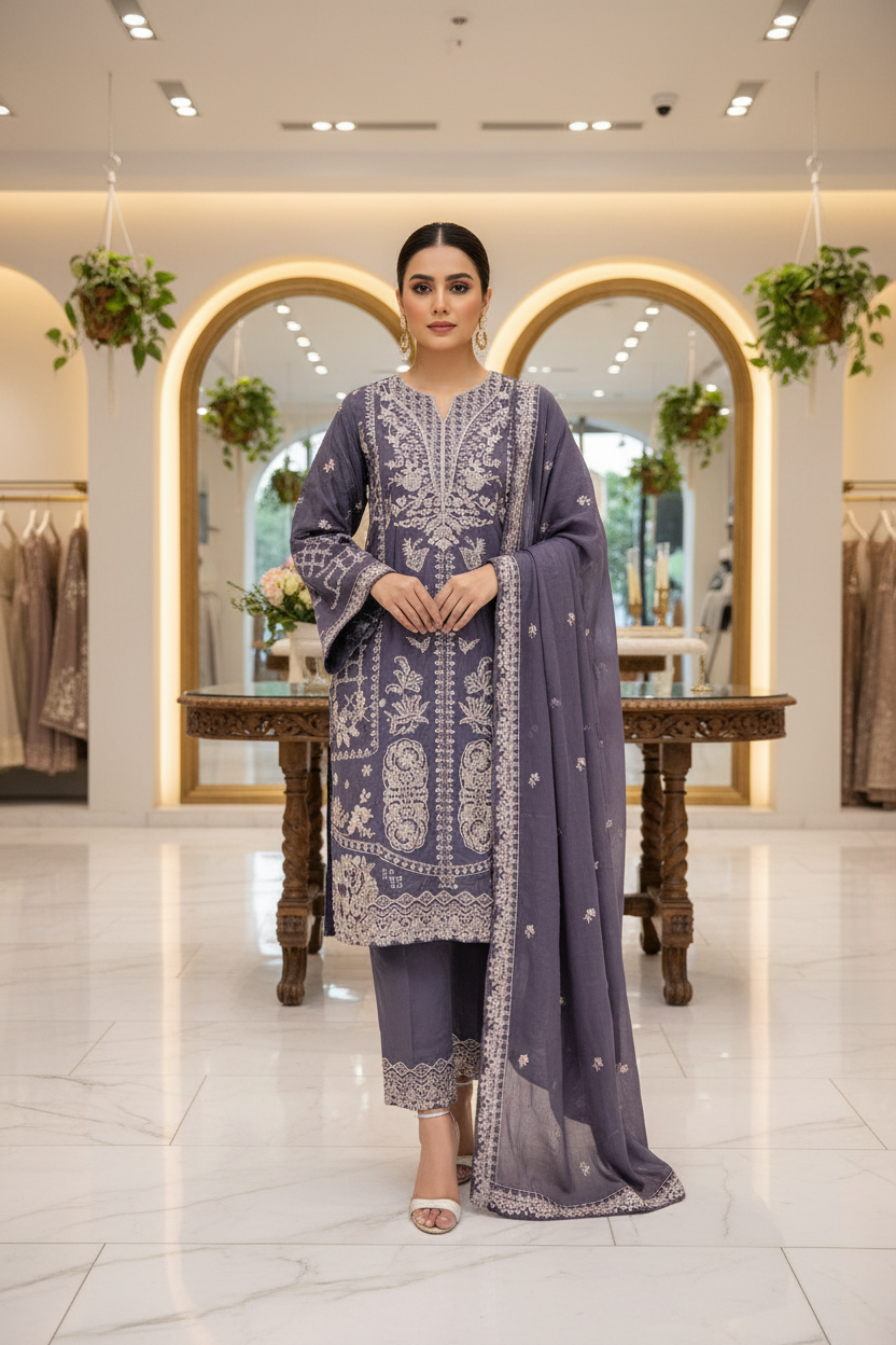 ETHN Three Shades of Elegance: Embroidered Luxury Ensemble with Hem Detail Trousers – Mint Green, Deep Mauve & Spanish Violet