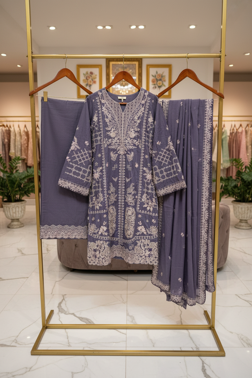 ETHN Three Shades of Elegance: Embroidered Luxury Ensemble with Hem Detail Trousers – Mint Green, Deep Mauve & Spanish Violet