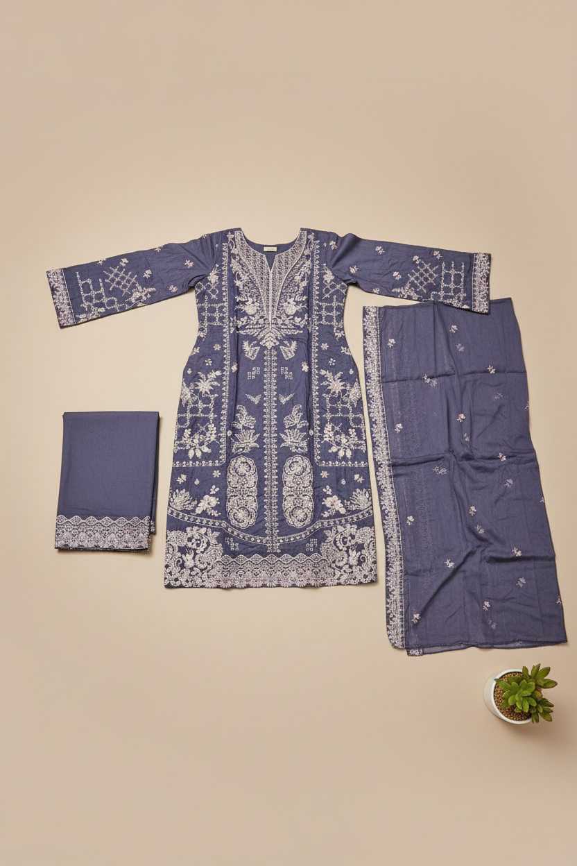 ETHN Three Shades of Elegance: Embroidered Luxury Ensemble with Hem Detail Trousers – Mint Green, Deep Mauve & Spanish Violet