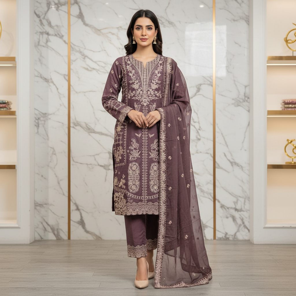 ETHN Three Shades of Elegance: Embroidered Luxury Ensemble with Hem Detail Trousers – Mint Green, Deep Mauve & Spanish Violet